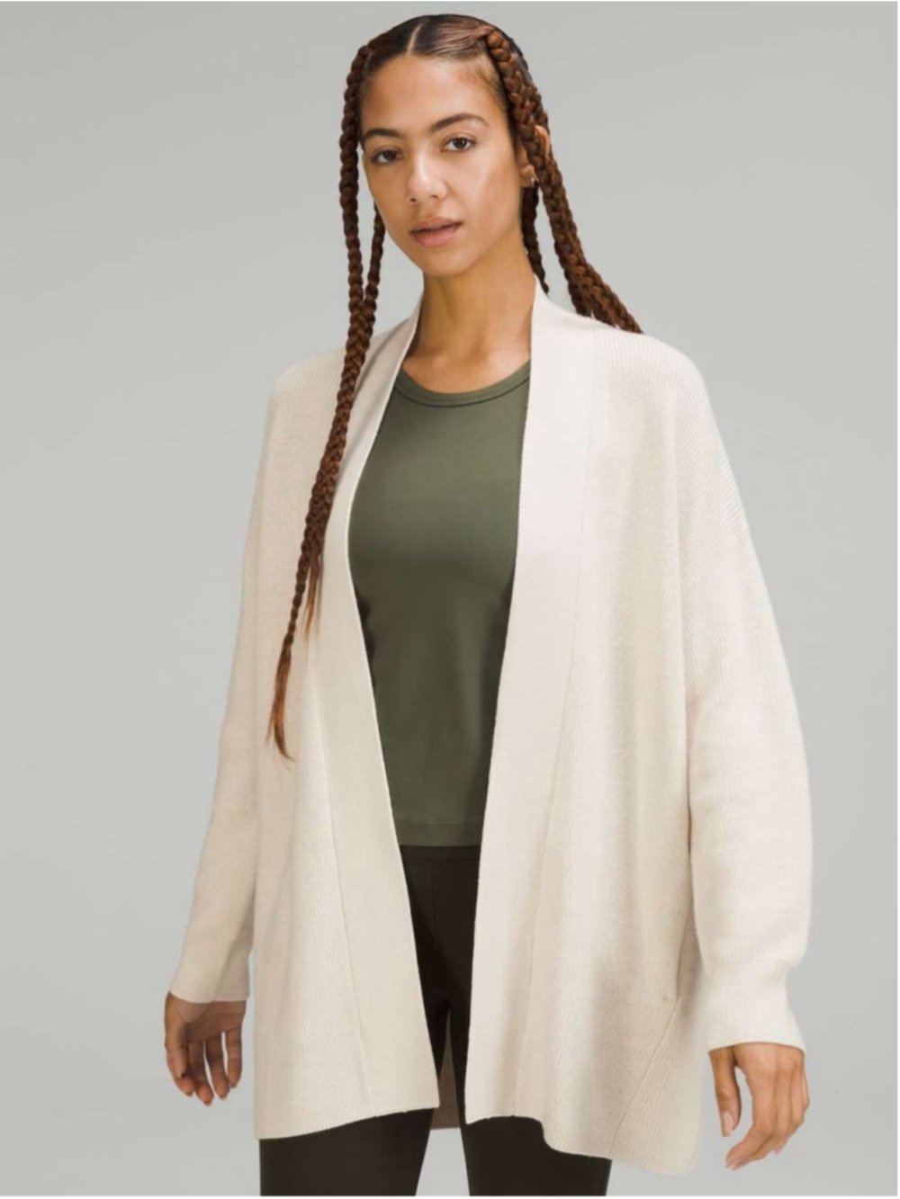 Lululemon Merino Wool-Blend Ribbed Long Wrap Sweater White Opal Cardigan Size 10